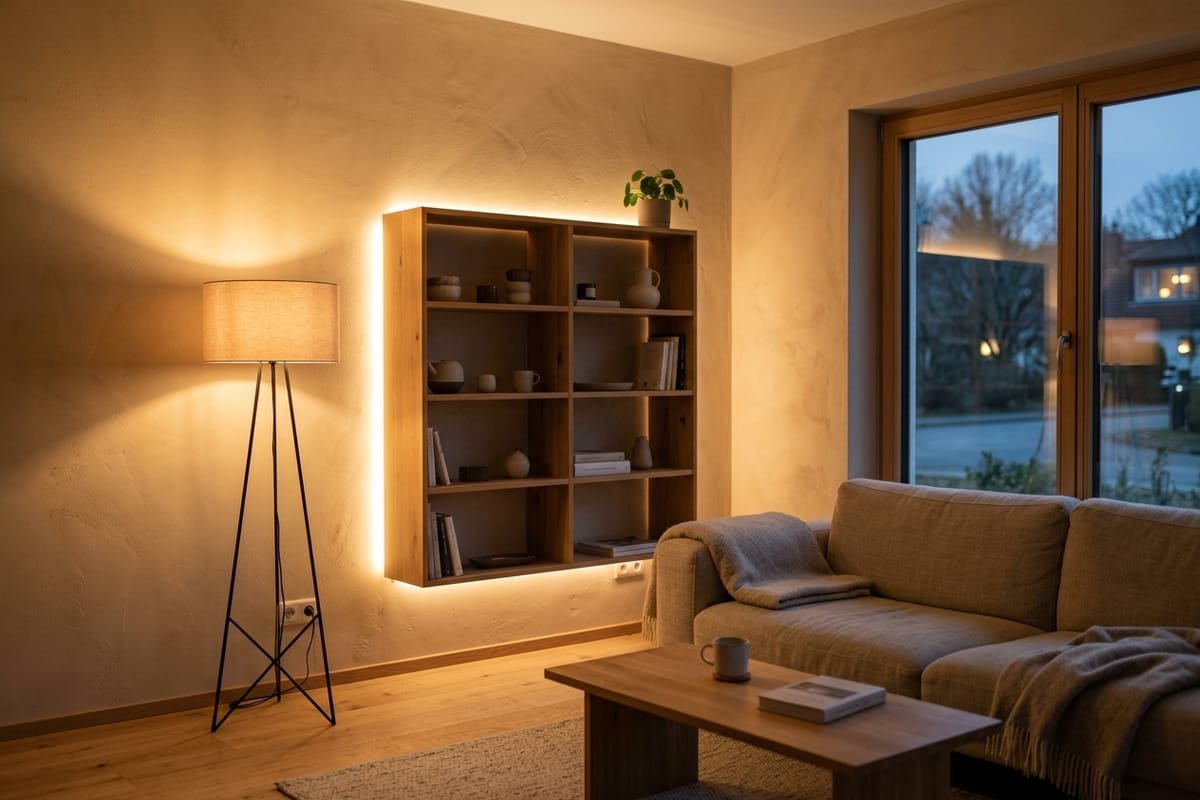 Warm dimmed living room lighting with indirect light