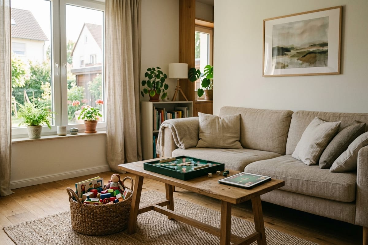 Bright family living room with sofa, tablet and toy basket