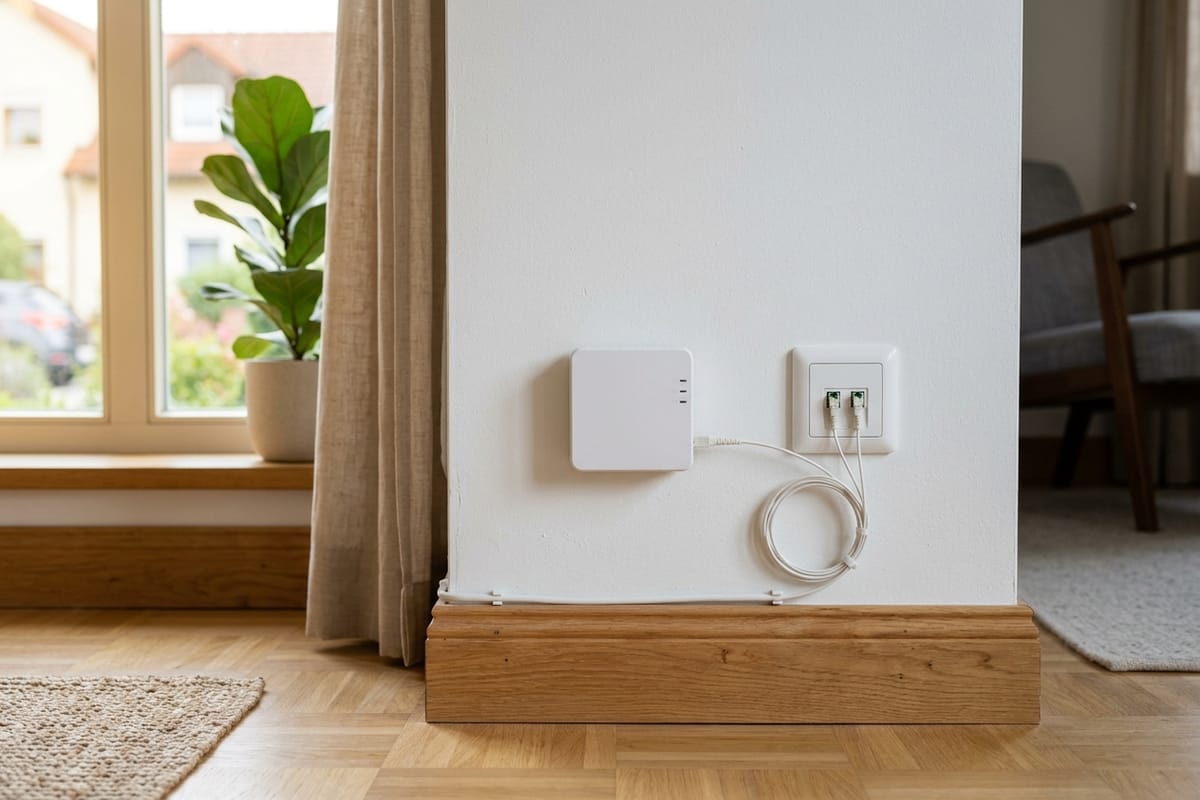 Glasfaser-Anschlussdose mit sauber verlegtem Kabel an einer weißen Wand