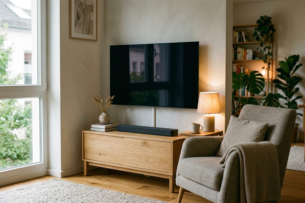 Living room with large television and soundbar on a sideboard