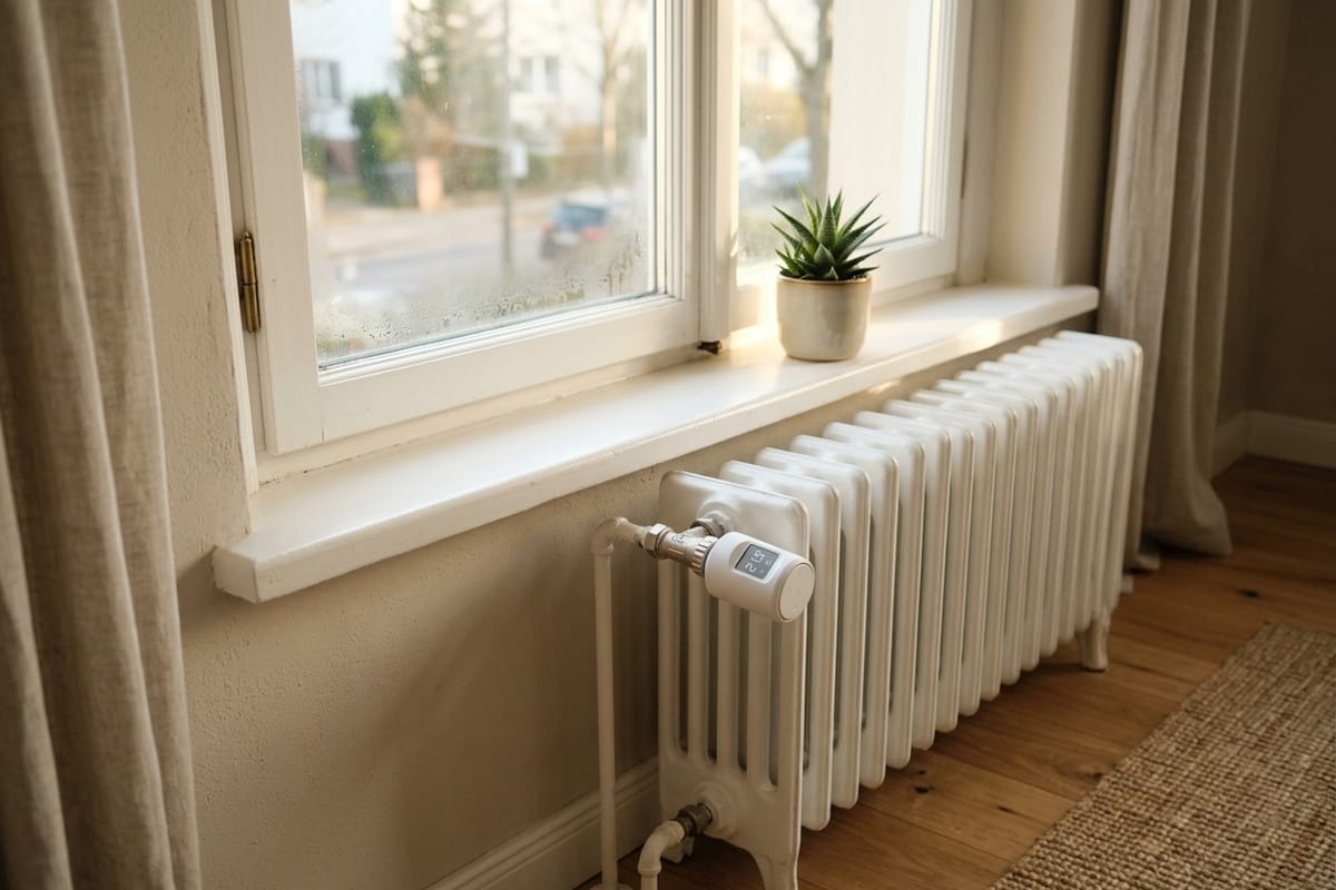 Smart radiator thermostat on a radiator below a window sill