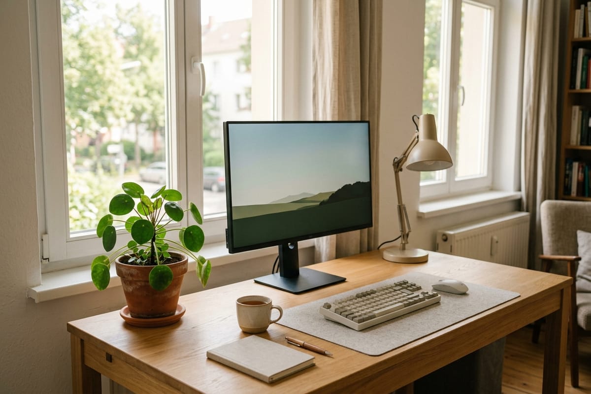 Tidy desk by a window with monitor and desk lamp