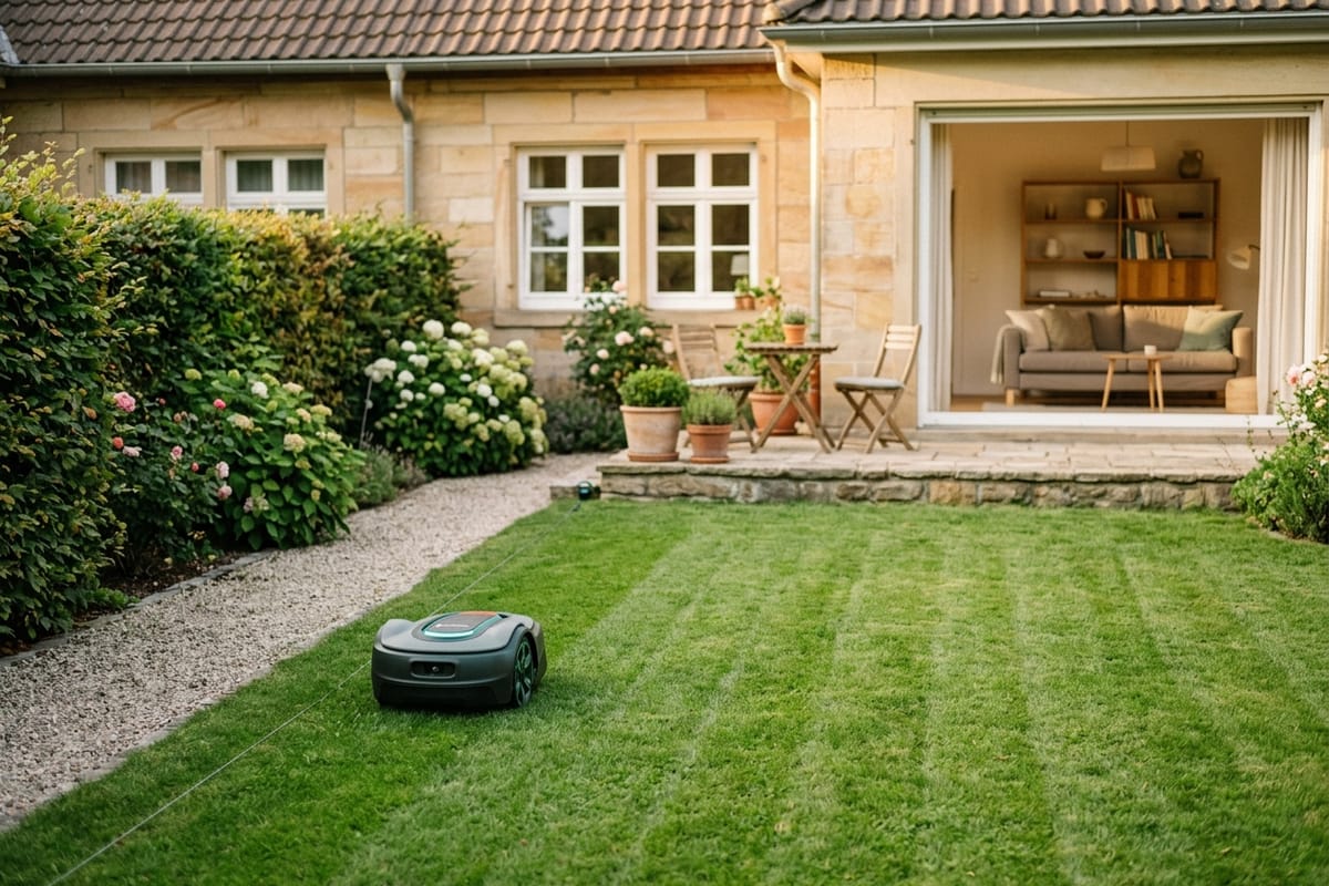 Robot lawn mower on a well kept garden lawn