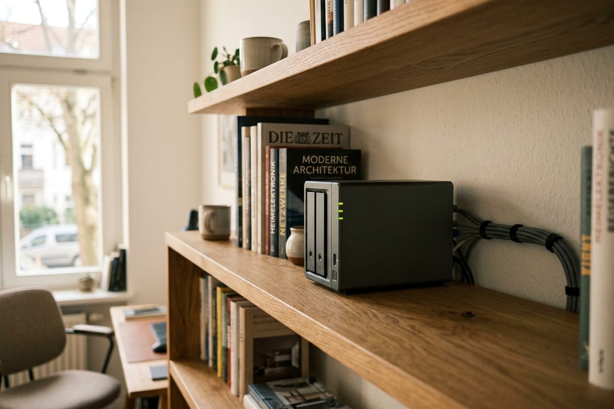 Network storage on a shelf with neatly routed cables
