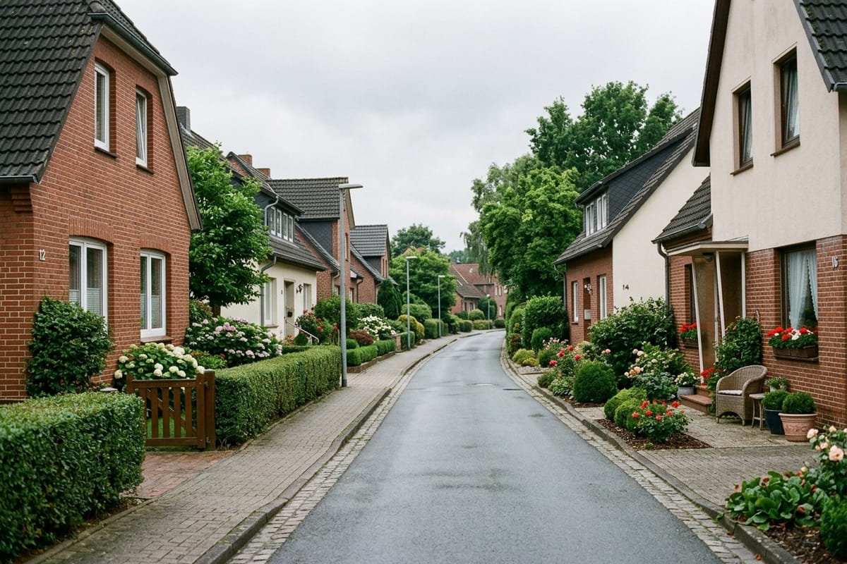 Quiet residential street with front gardens in a small Lower Saxony town