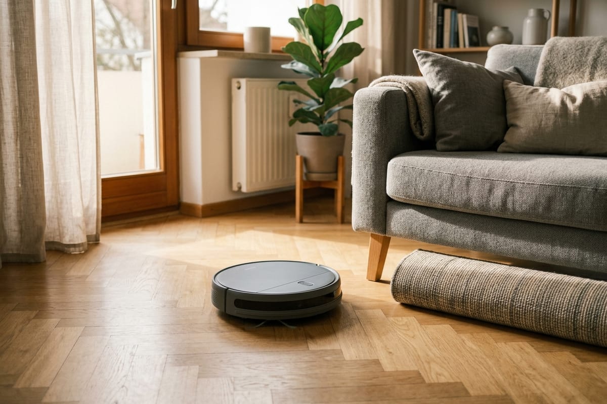 Robot vacuum on oak parquet beside a sofa