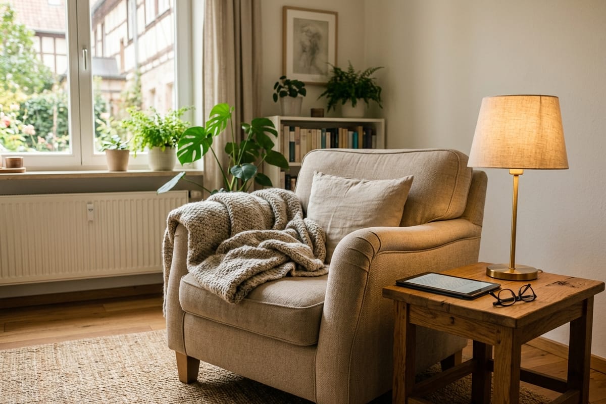 Comfortable armchair with a blanket and a tablet on a side table