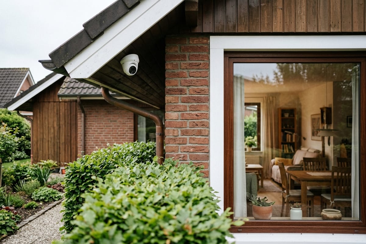 Outdoor camera under the eaves of a house