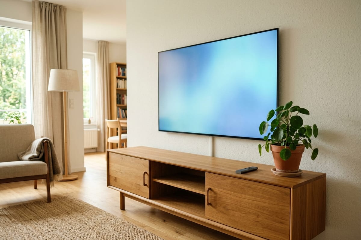 Flachbildfernseher an der Wand eines hellen Wohnzimmers