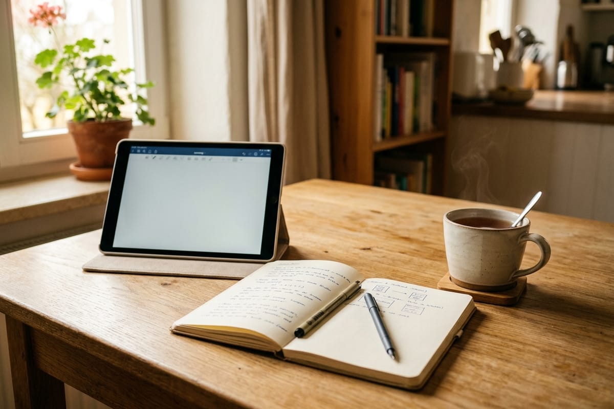 Tablet on a kitchen table beside a notebook and pen