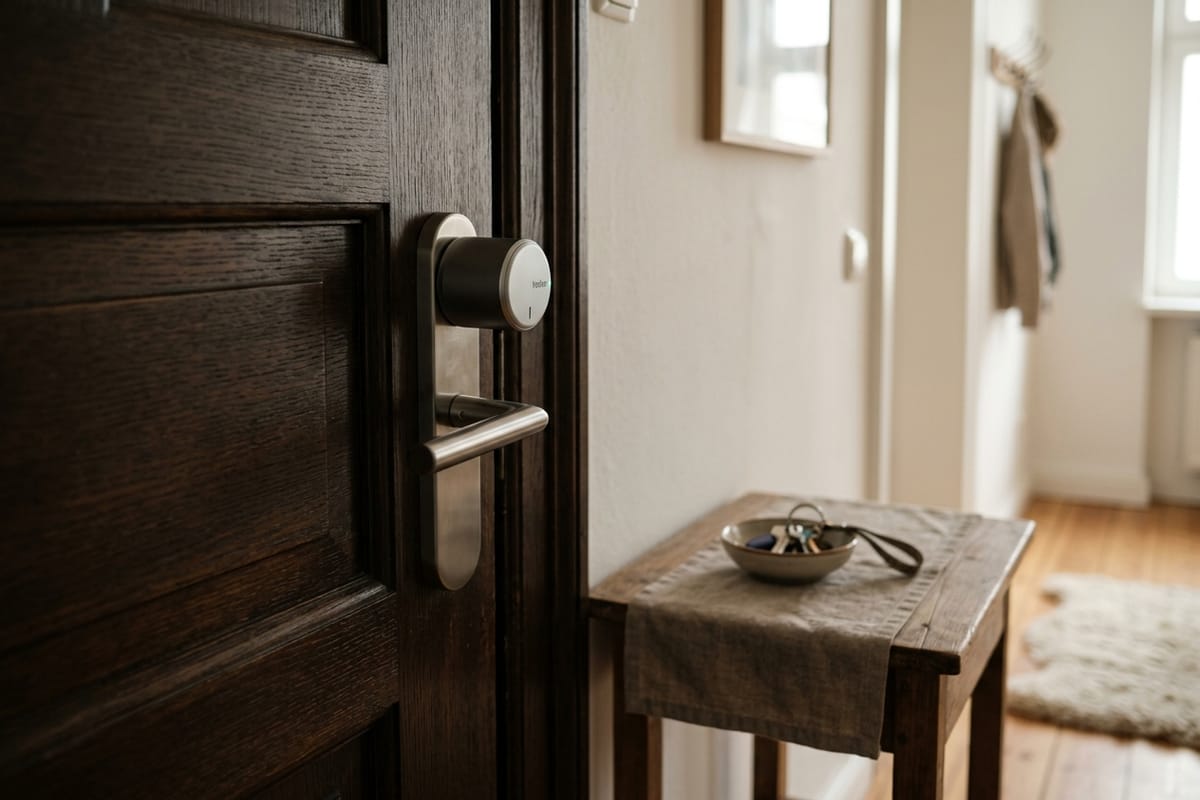 Smartes Türschloss mit Griff an einer Wohnungstür
