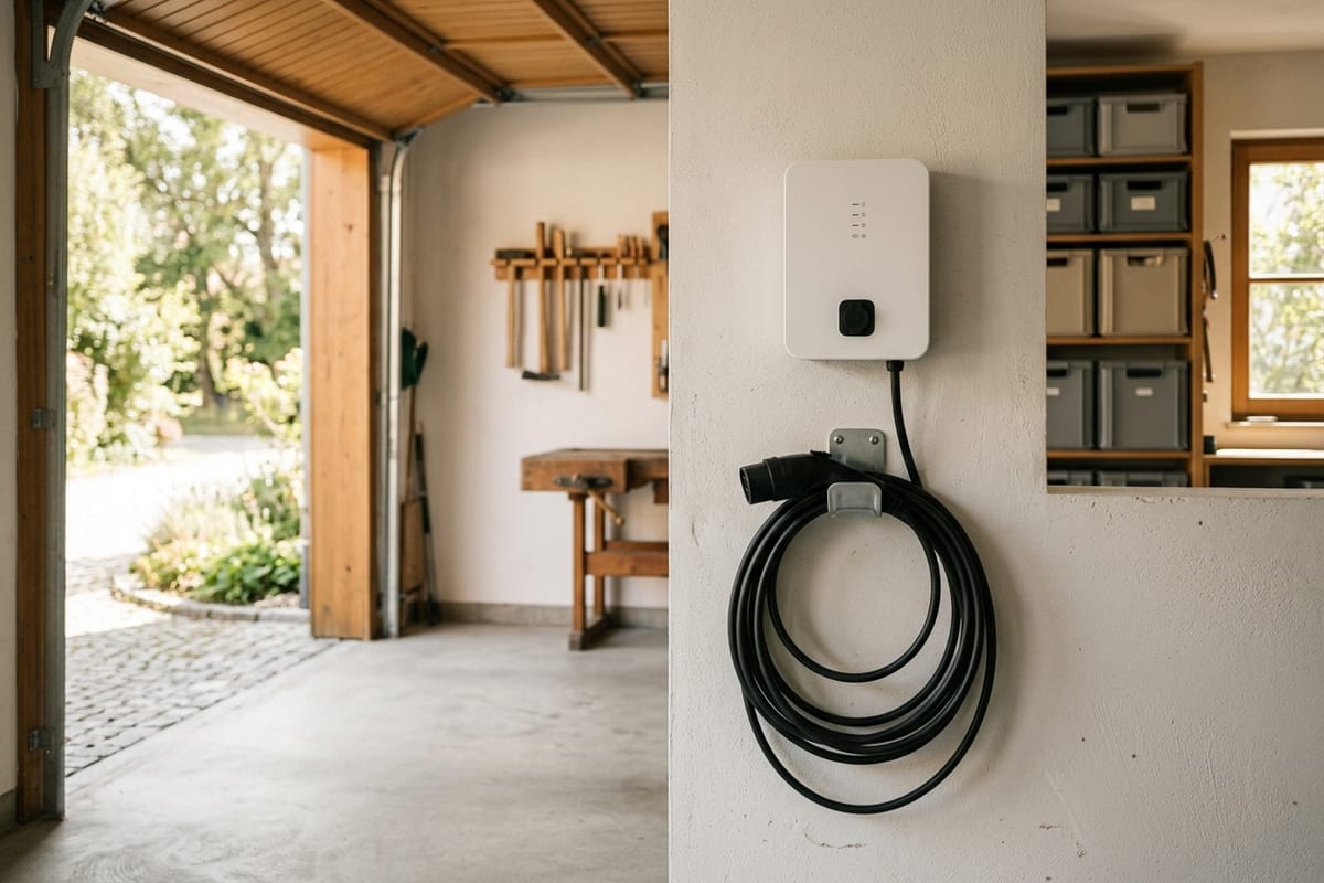 Wallbox mit aufgehängtem Ladekabel an einer Garagenwand