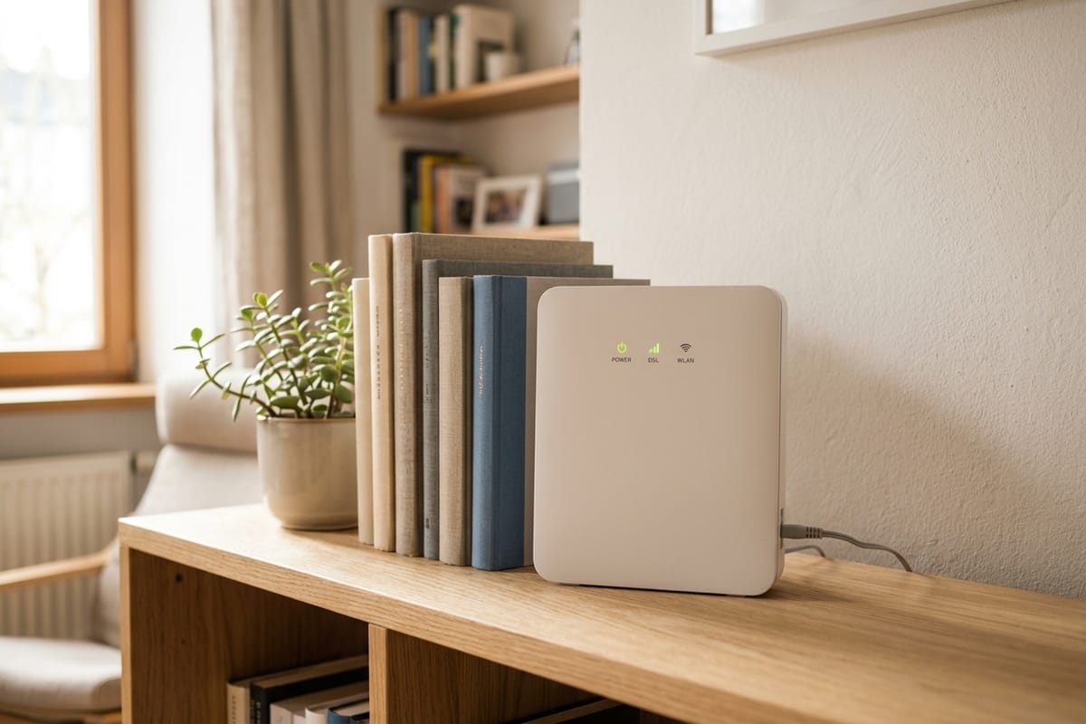 WLAN router on a wooden shelf beside books